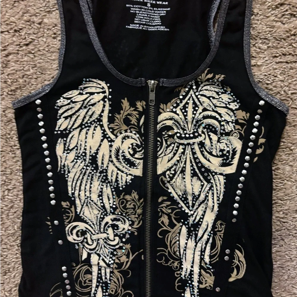 Vintage Y2k Vance Biker Wear Tank Top Womans S Full Zip Double Sided Rhinestone - Picture 7 of 13